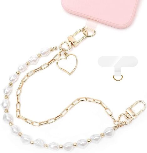 قطعتان من حزام معصم حبل الهاتف مع اللؤلؤ والمعدن، سلسلة مزدوجة من خرز الهاتف الخليوي للنساء والمراهقين، سحر بدون استخدام اليدين لكاميرا قلب المحفظة in Kuwait