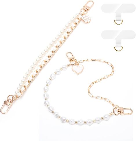2Pcs Phone Lanyard Wrist Strap with Pearl and Metal,Cell Phone Charm Bead Double Chain for Women and Teen Gril Hand,Hands-free Charms for Wallet Heart Camera in Saudi Arabia