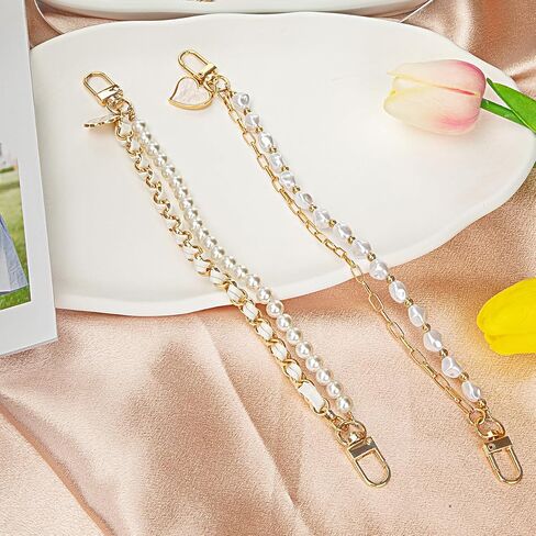 2Pcs Phone Lanyard Wrist Strap with Pearl and Metal,Cell Phone Charm Bead Double Chain for Women and Teen Gril Hand,Hands-free Charms for Wallet Heart Camera in Saudi Arabia