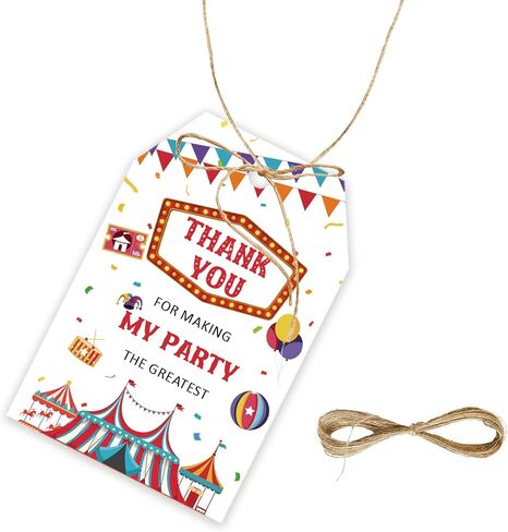 50pcs Carnival Thank You Tags, Circus Gift Tag with String for Birthday Party, Carnival Thank You Paper Tags for Fun Fair Birthday Party Favors in Saudi Arabia
