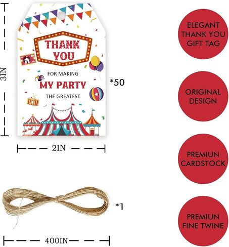 50pcs Carnival Thank You Tags, Circus Gift Tag with String for Birthday Party, Carnival Thank You Paper Tags for Fun Fair Birthday Party Favors in Saudi Arabia