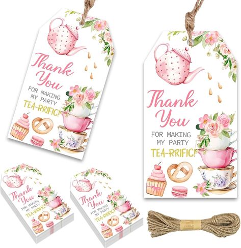 50Pcs Tea Party Thank You Tags, Let's Partea Gift Tags with String for Girl Birthday, Tea Pot Afternoon Tea Tags Tea-Rrific Tea Thank You Tags for Garden Bridal Shower Tea Themed Party Favors in Saudi Arabia