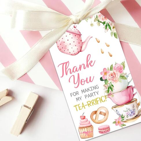 50Pcs Tea Party Thank You Tags, Let's Partea Gift Tags with String for Girl Birthday, Tea Pot Afternoon Tea Tags Tea-Rrific Tea Thank You Tags for Garden Bridal Shower Tea Themed Party Favors in Saudi Arabia