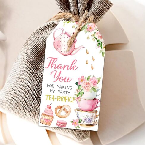 50Pcs Tea Party Thank You Tags, Let's Partea Gift Tags with String for Girl Birthday, Tea Pot Afternoon Tea Tags Tea-Rrific Tea Thank You Tags for Garden Bridal Shower Tea Themed Party Favors in Saudi Arabia