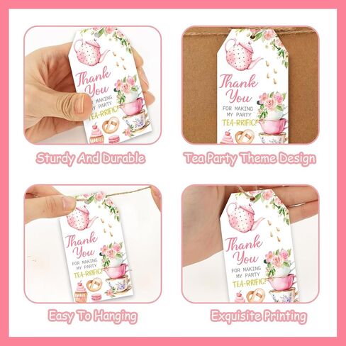 50Pcs Tea Party Thank You Tags, Let's Partea Gift Tags with String for Girl Birthday, Tea Pot Afternoon Tea Tags Tea-Rrific Tea Thank You Tags for Garden Bridal Shower Tea Themed Party Favors in Saudi Arabia