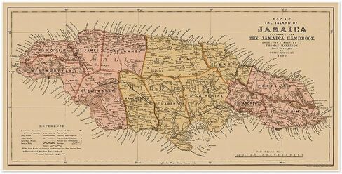 Mapa de la Isla de Jamaica "خريطة جامايكا" حوالي 1893 | ملصق طباعة الفن عتيقة ديكور جدار | 24 × 48 بوصة (610 × 1219 مم) in Saudi Arabia