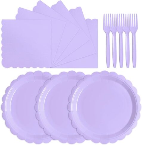 105PCS Paper Plates and Napkins Set,7 Inch Scalloped Disposable Tableware with Forks for Birthdays, Garden Parties & Outdoor Events,Serves 35 (Light Purple) in Saudi Arabia