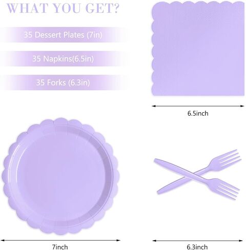 105PCS Paper Plates and Napkins Set,7 Inch Scalloped Disposable Tableware with Forks for Birthdays, Garden Parties & Outdoor Events,Serves 35 (Light Purple) in Saudi Arabia