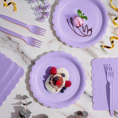 105PCS Paper Plates and Napkins Set,7 Inch Scalloped Disposable Tableware with Forks for Birthdays, Garden Parties & Outdoor Events,Serves 35 (Light Purple) in Saudi Arabia