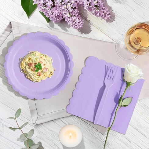 105PCS Paper Plates and Napkins Set,7 Inch Scalloped Disposable Tableware with Forks for Birthdays, Garden Parties & Outdoor Events,Serves 35 (Light Purple) in Saudi Arabia