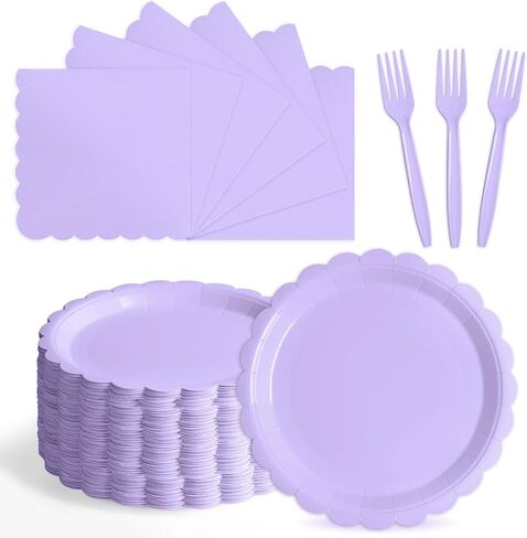 105PCS Paper Plates and Napkins Set,7 Inch Scalloped Disposable Tableware with Forks for Birthdays, Garden Parties & Outdoor Events,Serves 35 (Light Purple) in Saudi Arabia