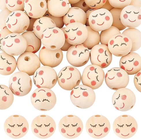 OLYCRAFT 50pcs 20mm Smile Face Wood Beads Round Wooden Beads Painted Head Beads Smiling Face Beads Round Spacer Beads with 4.5mm Hole for DIY Crafts Hanging Decorations Jewelry Making in Saudi Arabia
