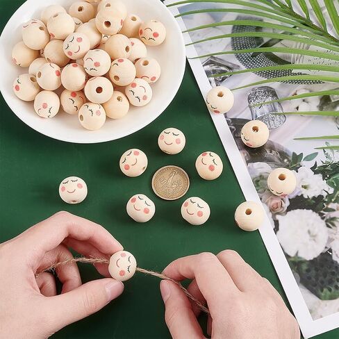 OLYCRAFT 50pcs 20mm Smile Face Wood Beads Round Wooden Beads Painted Head Beads Smiling Face Beads Round Spacer Beads with 4.5mm Hole for DIY Crafts Hanging Decorations Jewelry Making in Saudi Arabia