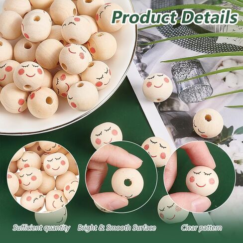 OLYCRAFT 50pcs 20mm Smile Face Wood Beads Round Wooden Beads Painted Head Beads Smiling Face Beads Round Spacer Beads with 4.5mm Hole for DIY Crafts Hanging Decorations Jewelry Making in Saudi Arabia