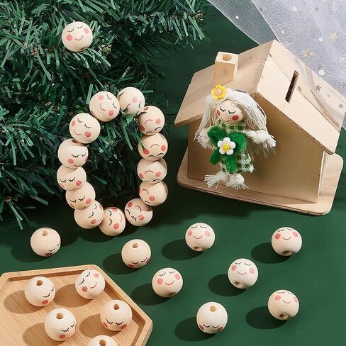 OLYCRAFT 50pcs 20mm Smile Face Wood Beads Round Wooden Beads Painted Head Beads Smiling Face Beads Round Spacer Beads with 4.5mm Hole for DIY Crafts Hanging Decorations Jewelry Making in Saudi Arabia