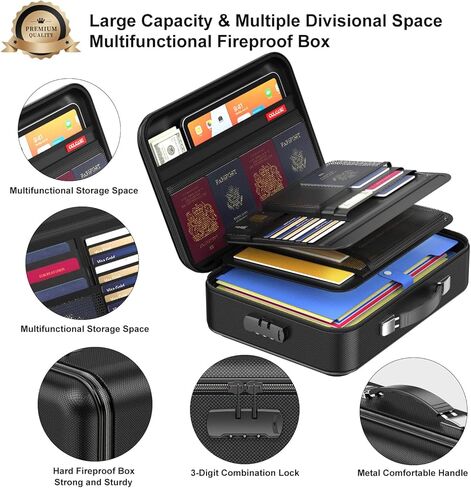 حقيبة مستندات مقاومة للحريق مع قفل ، حقيبة منظم ملفات مقاومة للماء ، 5 طبقات ، تخزين حقيبة مقاومة للحريق لشهادات الكمبيوتر المحمول ، جواز السفر 15 × 11 × 4.7 بوصات (أسود) in Kuwait
