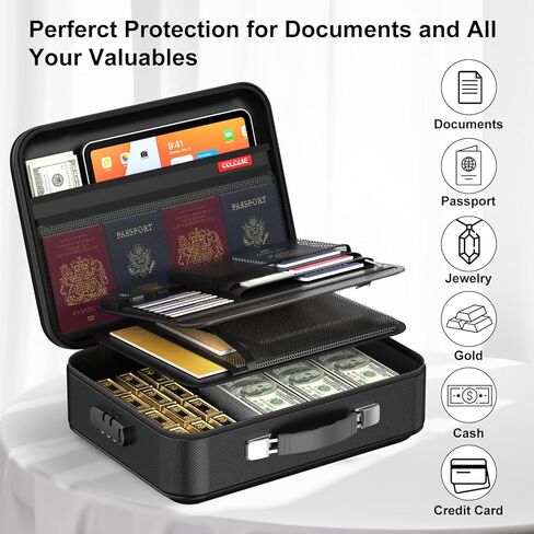 حقيبة مستندات مقاومة للحريق مع قفل ، حقيبة منظم ملفات مقاومة للماء ، 5 طبقات ، تخزين حقيبة مقاومة للحريق لشهادات الكمبيوتر المحمول ، جواز السفر 15 × 11 × 4.7 بوصات (أسود) in Kuwait