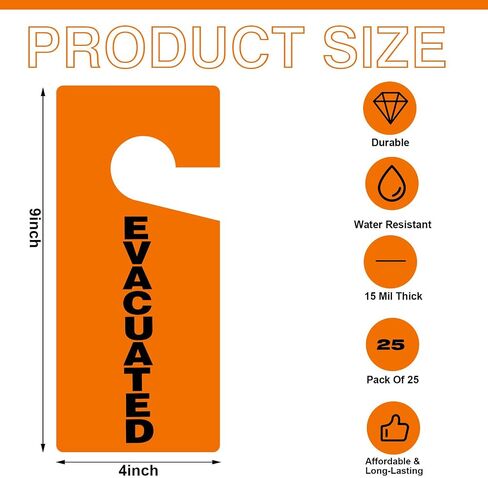 25 Pack Evacuated Door Knob Hanger Tags 4 x 9 Inch Emergency Evacuation Door Hanger Sign 15 Mill PVC Double Sided Message Safety Alert Tags for Offices Public Buildings Homes Commercial in Saudi Arabia