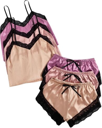 GORGLITTER Women's 6 Piece Silk Satin Pajama Set Lace Trim Cami Crop Tops Elastic Waist Shorts Lounge Set Sleepwear in Saudi Arabia