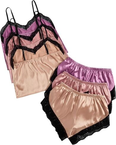 GORGLITTER Women's 6 Piece Silk Satin Pajama Set Lace Trim Cami Crop Tops Elastic Waist Shorts Lounge Set Sleepwear in Saudi Arabia