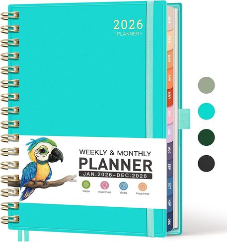 RETTACY 2026 Planner, Weekly and Monthly, Jan 2026 - Dec 2026, Medium Size (5.7" x 8.3"), 2026 Calendar, 12-Monthly Tabs, Flexible Plastic Cover, Spiral-bound, 100 GSM Thick Paper (Light Green) in Kuwait