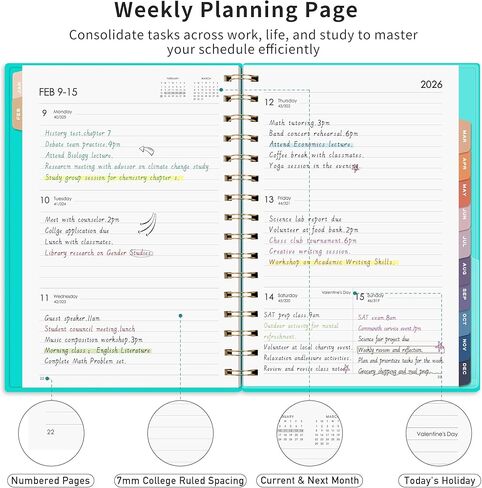 RETTACY 2026 Planner, Weekly and Monthly, Jan 2026 - Dec 2026, Medium Size (5.7" x 8.3"), 2026 Calendar, 12-Monthly Tabs, Flexible Plastic Cover, Spiral-bound, 100 GSM Thick Paper (Light Green) in Kuwait