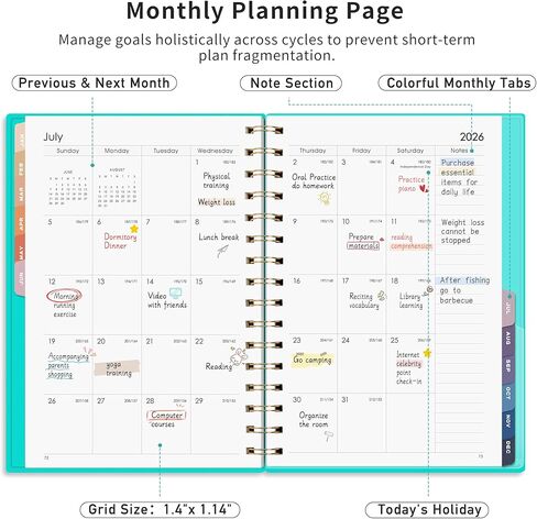 RETTACY 2026 Planner, Weekly and Monthly, Jan 2026 - Dec 2026, Medium Size (5.7" x 8.3"), 2026 Calendar, 12-Monthly Tabs, Flexible Plastic Cover, Spiral-bound, 100 GSM Thick Paper (Light Green) in Kuwait