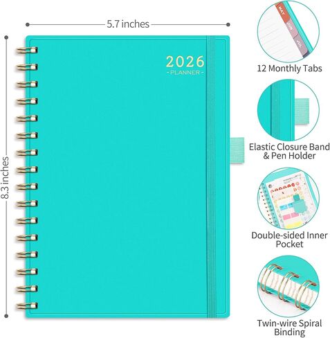 RETTACY 2026 Planner, Weekly and Monthly, Jan 2026 - Dec 2026, Medium Size (5.7" x 8.3"), 2026 Calendar, 12-Monthly Tabs, Flexible Plastic Cover, Spiral-bound, 100 GSM Thick Paper (Light Green) in Kuwait