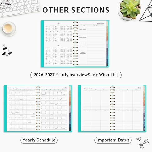 RETTACY 2026 Planner, Weekly and Monthly, Jan 2026 - Dec 2026, Medium Size (5.7" x 8.3"), 2026 Calendar, 12-Monthly Tabs, Flexible Plastic Cover, Spiral-bound, 100 GSM Thick Paper (Light Green) in Kuwait