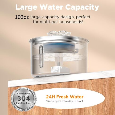 Cat Water Fountain Stainless Steel, 102oz/3L Automatic Pet Water Fountain for Cats & Small Dogs,Ultra-Quiet Pump with White led Light, Water Level Window in Saudi Arabia
