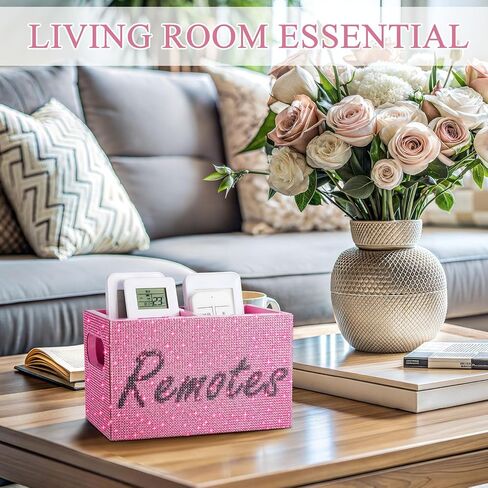 Bling Rhinestone Remote حامل التحكم المكسر Diamond Diamond 2 مقصورة تلفزيون خشبي مربع تخزين حامل Caddy Holder من المنظم للمطالبة مع وملصق ، هدايا سباركلي للنساء (أبيض) in Saudi Arabia