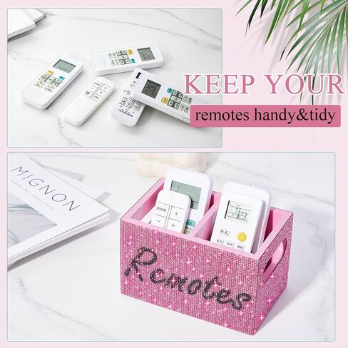 Bling Rhinestone Remote حامل التحكم المكسر Diamond Diamond 2 مقصورة تلفزيون خشبي مربع تخزين حامل Caddy Holder من المنظم للمطالبة مع وملصق ، هدايا سباركلي للنساء (أبيض) in Saudi Arabia