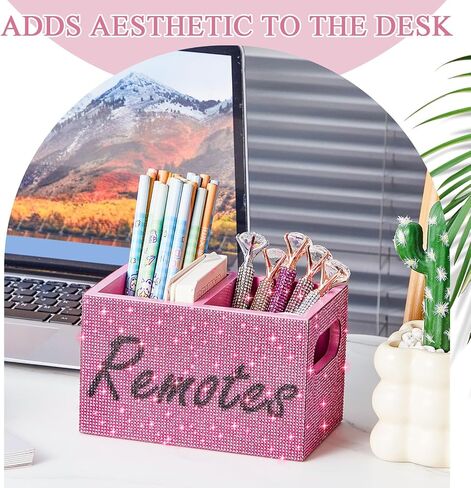 Bling Rhinestone Remote حامل التحكم المكسر Diamond Diamond 2 مقصورة تلفزيون خشبي مربع تخزين حامل Caddy Holder من المنظم للمطالبة مع وملصق ، هدايا سباركلي للنساء (أبيض) in Saudi Arabia