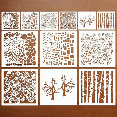 12 Pcs Mixed Media Stencils Sea Bubbles Spirals Template Cell Theory Cubist Stencil Aspen Trees Branches Painting Stencils for Canvas Arts Journaling Scrapbooking Card Making in Saudi Arabia