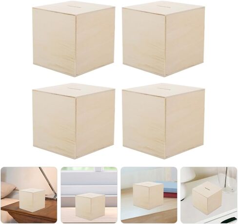 Vaguelly 4pcs Unfinished Wooden Piggy Bank Blank Square Cube Coin Bank DIY Unpainted Money Saving Box for Kids Art Crafts in Saudi Arabia