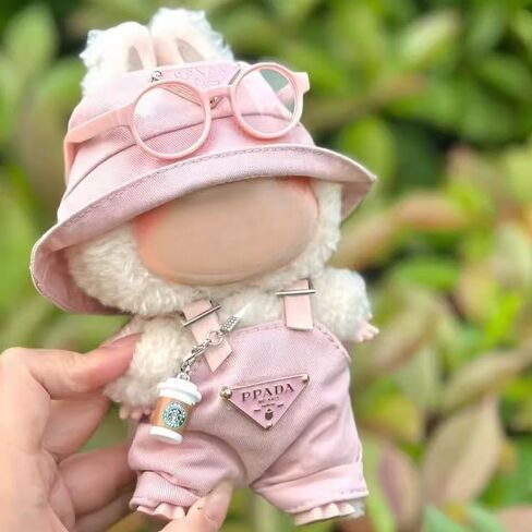 Pink Style Outfit Set for Labubu 17cm Dolls (Gen 1–3) – Sweet Clothing Kit with Beige & Cocoa Tones for POP MART Figurines (No Doll Included) (Jumpsuit+hat+Glasses+Cup) in Saudi Arabia