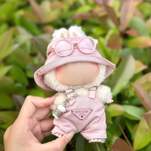 Pink Style Outfit Set for Labubu 17cm Dolls (Gen 1–3) – Sweet Clothing Kit with Beige & Cocoa Tones for POP MART Figurines (No Doll Included) (Jumpsuit+hat+Glasses+Cup) in Saudi Arabia