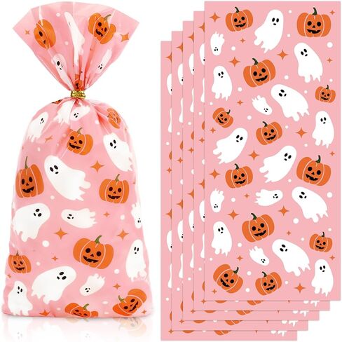 JarThenaAMCS 100Pcs Halloween Boo Cellophane Treat Bags with Twist Ties Ghost Pumpkin Plastic Gift Bags Pink Candy Goodie Bags for Party Snacks Cookies Packing Supplies, 10.8 x 4.9 inch in Saudi Arabia