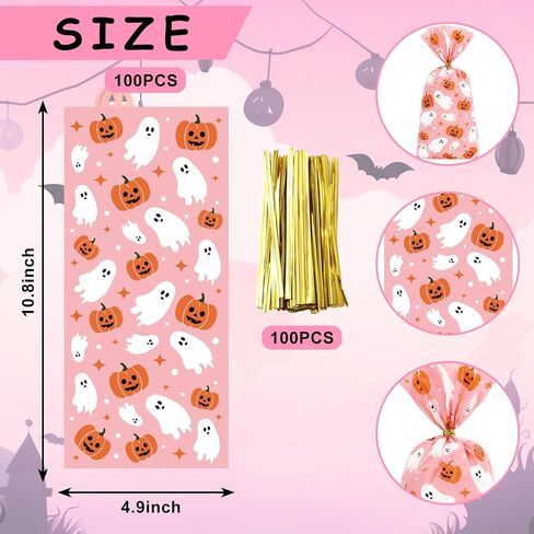 JarThenaAMCS 100Pcs Halloween Boo Cellophane Treat Bags with Twist Ties Ghost Pumpkin Plastic Gift Bags Pink Candy Goodie Bags for Party Snacks Cookies Packing Supplies, 10.8 x 4.9 inch in Saudi Arabia