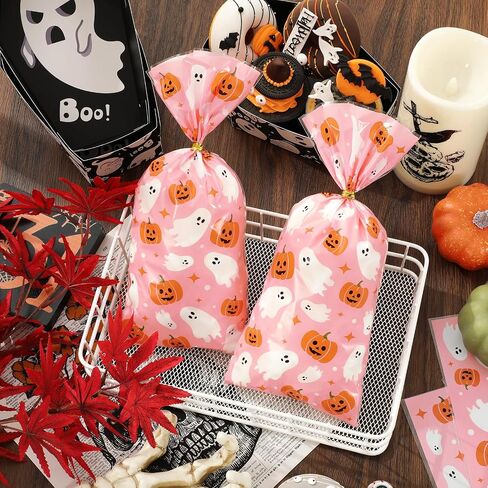 JarThenaAMCS 100Pcs Halloween Boo Cellophane Treat Bags with Twist Ties Ghost Pumpkin Plastic Gift Bags Pink Candy Goodie Bags for Party Snacks Cookies Packing Supplies, 10.8 x 4.9 inch in Saudi Arabia