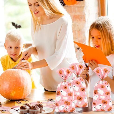 JarThenaAMCS 100Pcs Halloween Boo Cellophane Treat Bags with Twist Ties Ghost Pumpkin Plastic Gift Bags Pink Candy Goodie Bags for Party Snacks Cookies Packing Supplies, 10.8 x 4.9 inch in Saudi Arabia