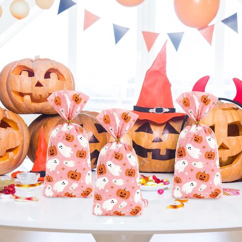 JarThenaAMCS 100Pcs Halloween Boo Cellophane Treat Bags with Twist Ties Ghost Pumpkin Plastic Gift Bags Pink Candy Goodie Bags for Party Snacks Cookies Packing Supplies, 10.8 x 4.9 inch in Saudi Arabia