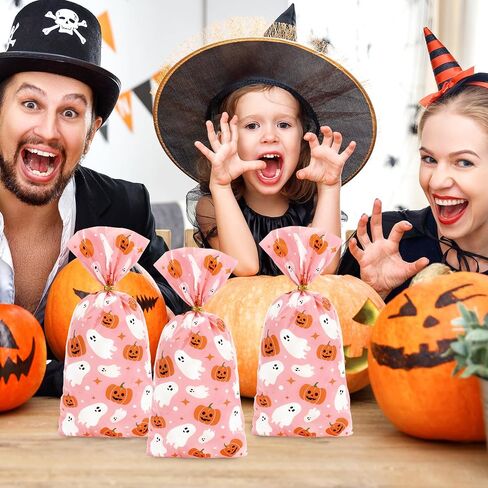 JarThenaAMCS 100Pcs Halloween Boo Cellophane Treat Bags with Twist Ties Ghost Pumpkin Plastic Gift Bags Pink Candy Goodie Bags for Party Snacks Cookies Packing Supplies, 10.8 x 4.9 inch in Saudi Arabia