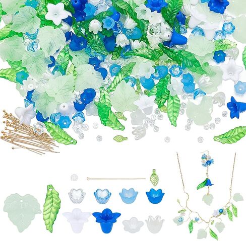 NBEADS 417 Pcs Acrylic Assorted Beads Kit, Tulip Flower Beads Caps Trumpet Flower Leaf Acrylic Pendants Leaf Loose Beads Earring Making Kit with Faceted Glass Beads Brass Ball Pins for Jewelry Making in Saudi Arabia