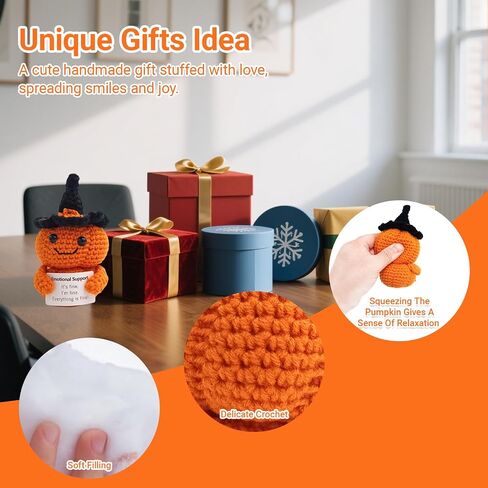 Handmade Crochet Pumpkin Plush with Inspirational Card - Cute Halloween Decor, Thanksgiving & Birthday Gift, Emotional Support Desk Accessory for Women, Men, Friends in Saudi Arabia