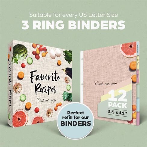 Dividers with Tabs for Recipe Binder, 12 Tab Dividers for 3 Ring Binder, 3-Hole Punched Letter Size, Durable Heavyweight Cardstock (Vegetable) in Kuwait