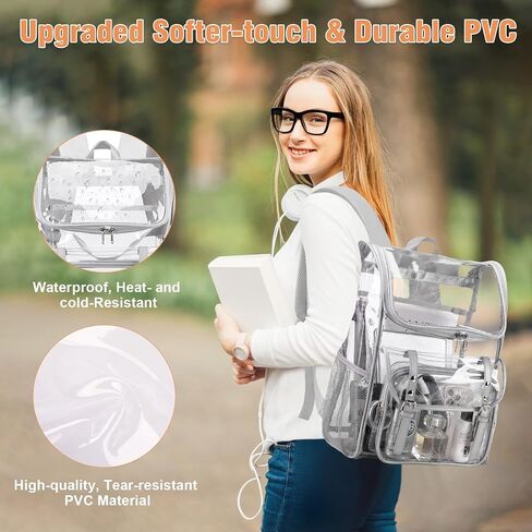 DIGOBAY Clear Backpack with Lunch Bag, Leather Clear Bookbag Heavy Duty | Thick PVC Clear Backpack for Girls Women See Through Transparent Backpacks for Stadium Events College Travel Work, Beige in Kuwait