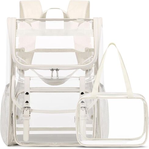 Clear Backpack with Clear Bag Set, Leather Clear Backpack Heavy Duty Thick PVC Clear Bookbag Large See Through Transparent Backpack with Support Pad for Women Men Girl Boy College Work Black in Kuwait