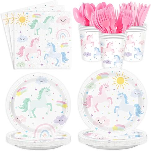 Unicorn Birthday Party Supplies for 24 Guests, Magical Pastel Theme Tableware Set Includes Disposable Paper Plates, Napkins, Cups, Cutlery, Unicorn Birthday Decorations for Girls in Saudi Arabia
