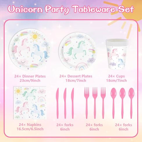 Unicorn Birthday Party Supplies for 24 Guests, Magical Pastel Theme Tableware Set Includes Disposable Paper Plates, Napkins, Cups, Cutlery, Unicorn Birthday Decorations for Girls in Saudi Arabia